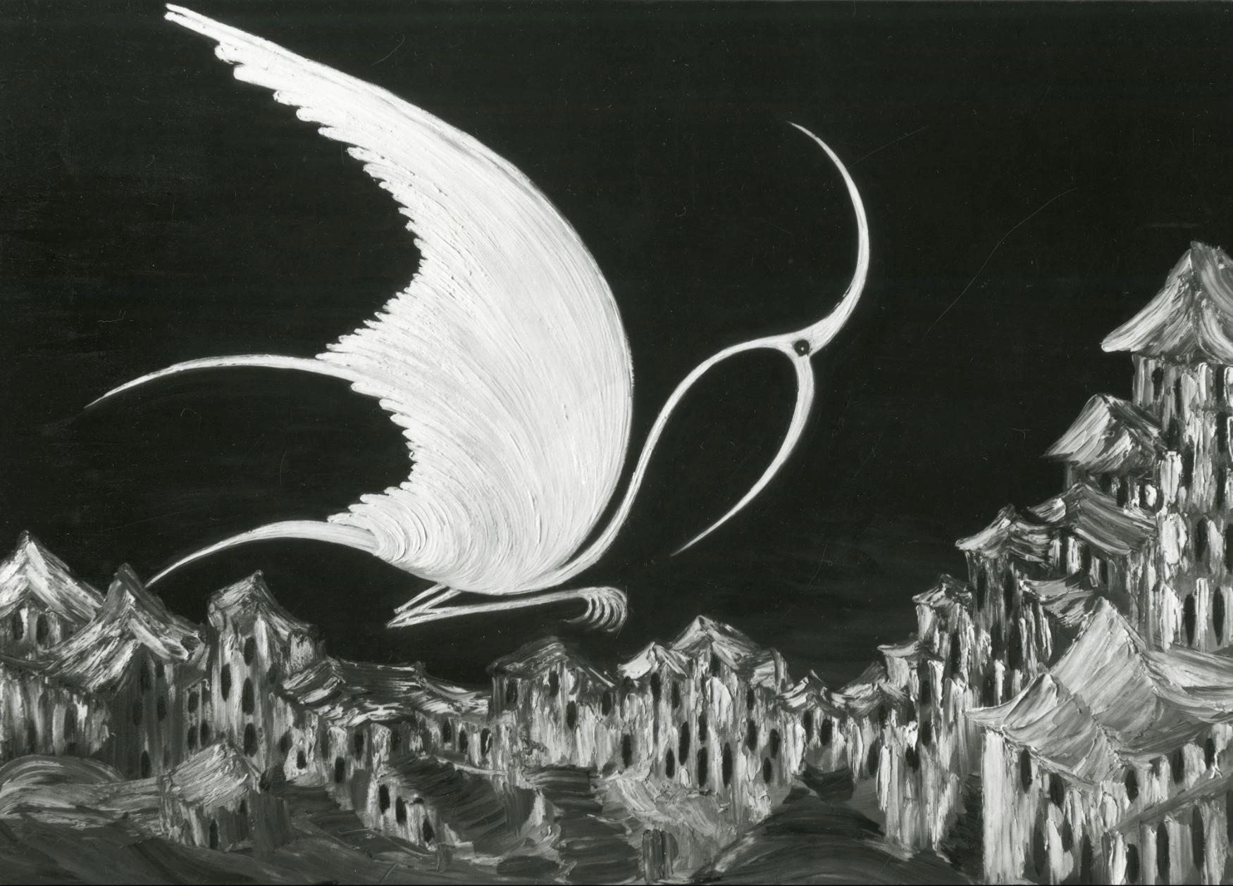Painting in black and white depicting a large bird creature with big white sings and a slim neck and curling white beak, flying over a grayscale city against a black background.