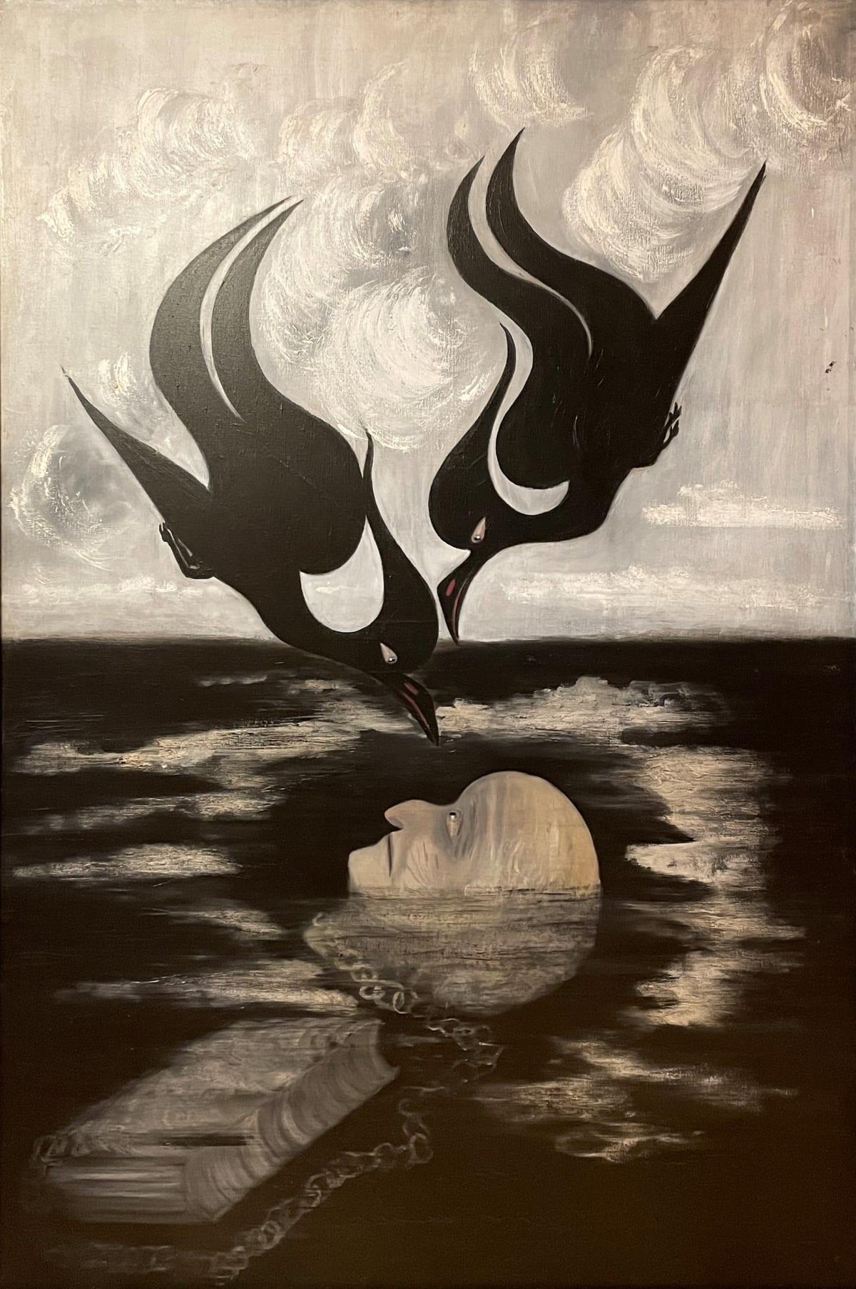 Painting depicting two black birds descending over a pale man with a chain around his neck partly submerged in black water, against a swirly white sky.