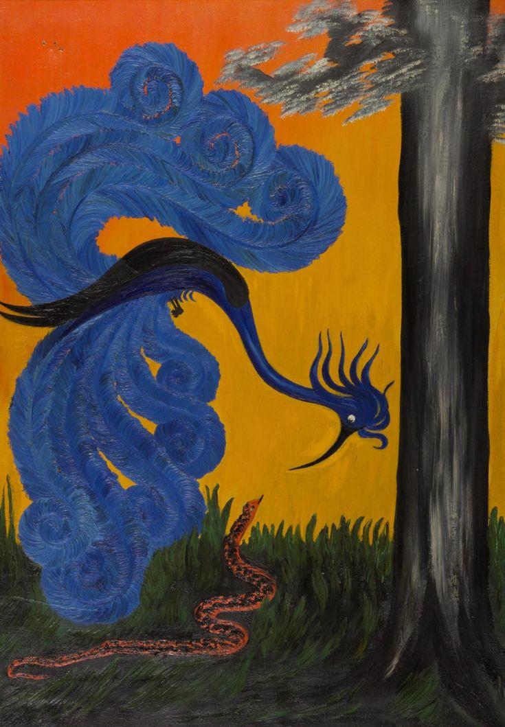 Painting depicting a slender black and blue peacock-like bird with huge blue plumage curving above and below its body, leaning over to observe a red and black snake on the ground, beside a grey tree trunk.