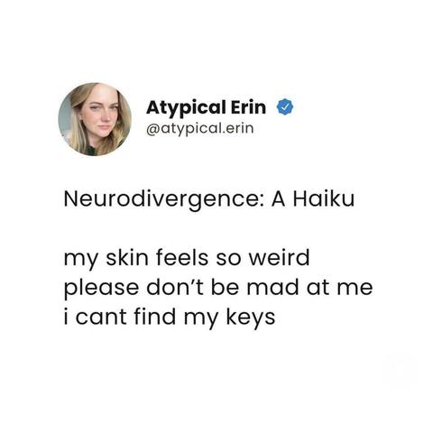 Atypical Erin @atypical.erin: 
Neurodivergence: A Haiku 

my skin feels so weird 
please don't be mad at me 
i cant find my keys