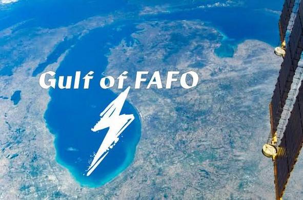 A satellite view of a Lake Michigan surrounded by land including the city of Chicago, overlaid with the text "Gulf of FAFO" and a white lightning bolt symbol.