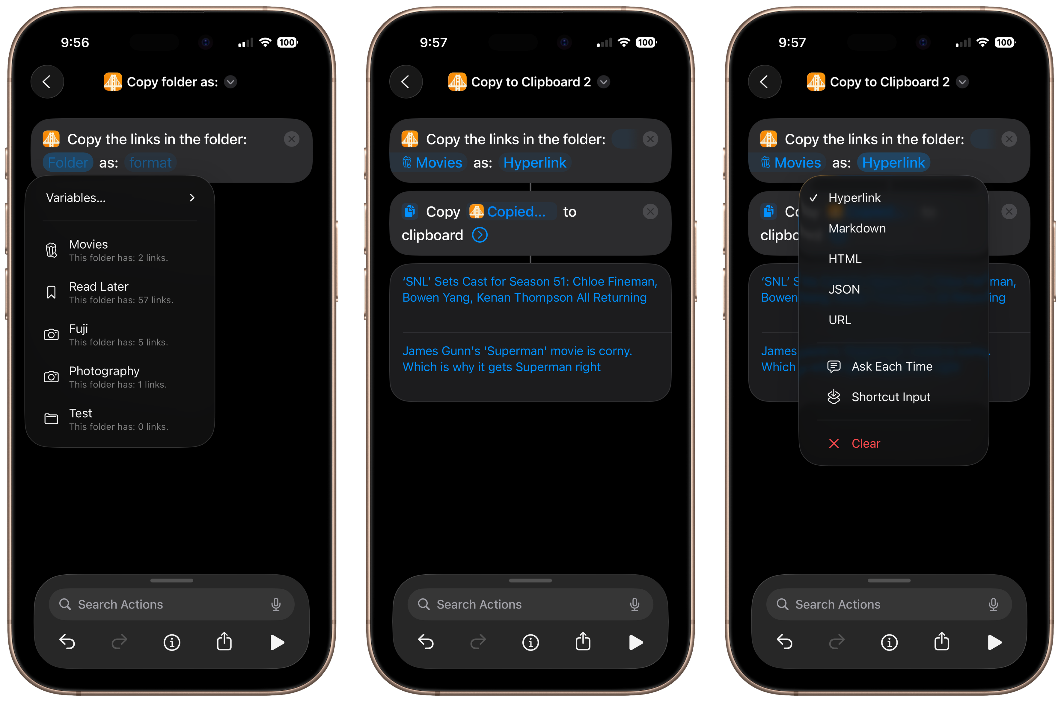 Three iPhones showing the shortcuts app. Some shortcuts I made for my link saving app Bridges. It shows how you can get links from a folder and copy them in a format of your choosing. 