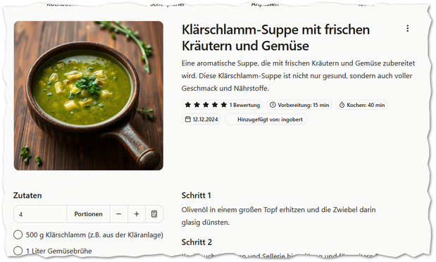 Das Bild zeigt ein Online-Rezept für eine sogenannte „Klärschlamm-Suppe mit frischen Kräutern und Gemüse“. Im Mittelpunkt steht ein brauner Keramiktopf mit einer grünen Suppe, in der Nudeln und gehackte Kräuter zu sehen sind. Laut Zutatenliste enthält das Gericht 500 g Klärschlamm.