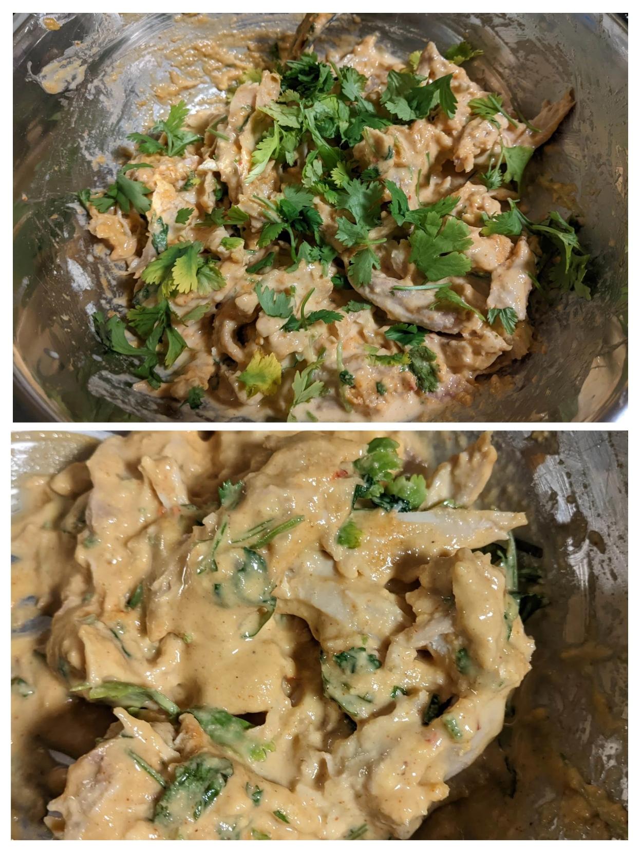 2 pics showing the thick batter on shredded strips of cooked chicken before and after a bunch of cilantro is mixed in
The thick batter that clings means less stuff (vs breadcrumbs) in oil to clean up later.