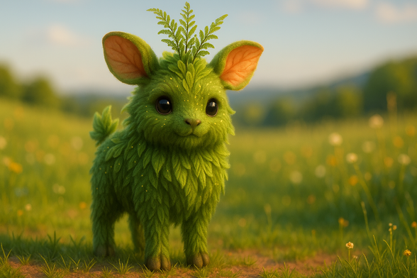 Ein tierähnliches Wesen, ein Veggie, steht auf einer blühenden Wiese bei Sonnenuntergang. Es hat große, glänzende Augen, aufrechte Ohren und ein dichtes, moosgrünes Fell, das wie Blätter aussieht. Auf seinem Kopf wachsen kleine Farnblätter. Das freundliche, pflanzenartige Wesen wirkt niedlich. Generiertes Symbolbild.