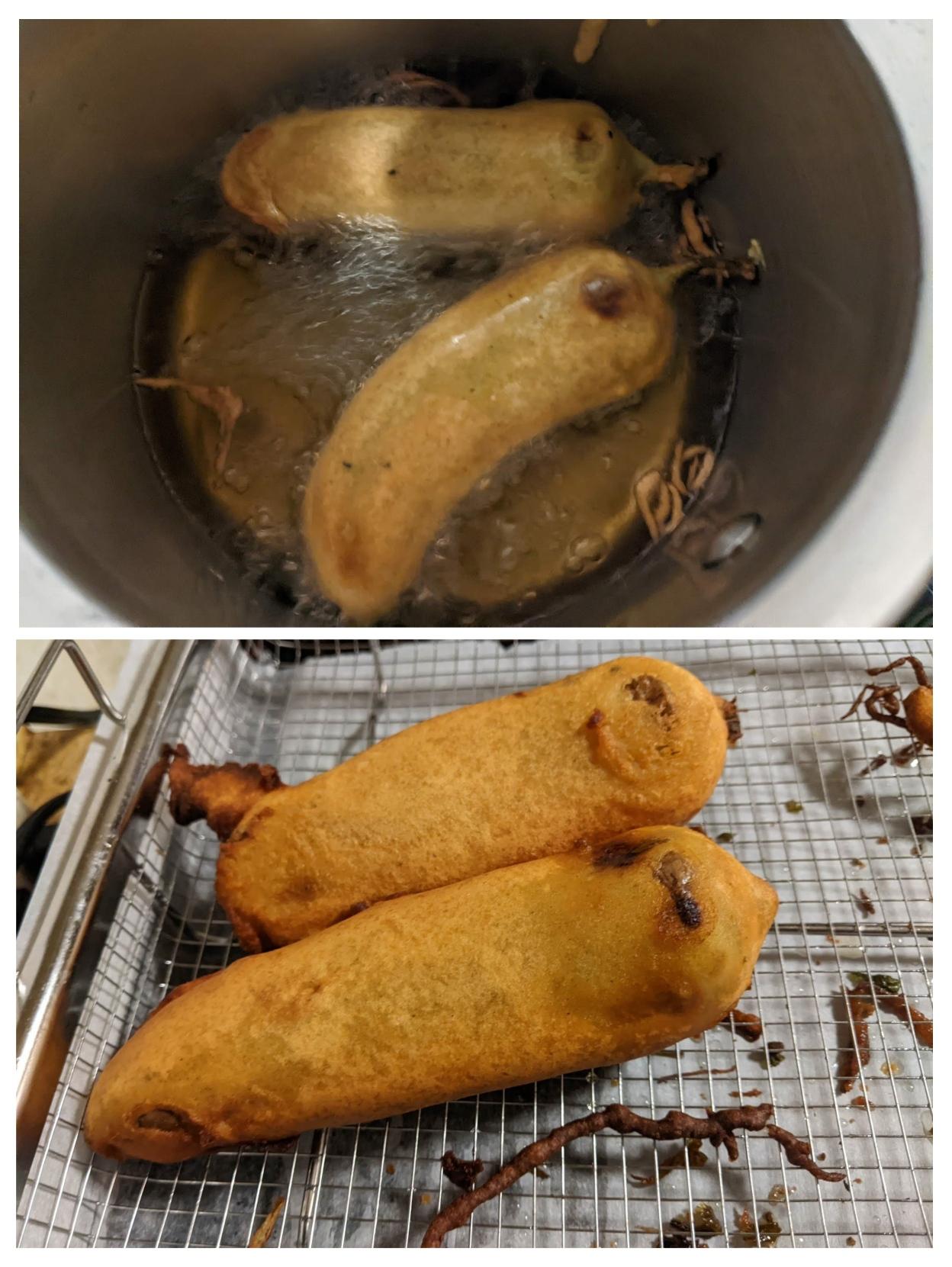 2 pics of chilli bhajjis frying in oil and in a mesh basket
