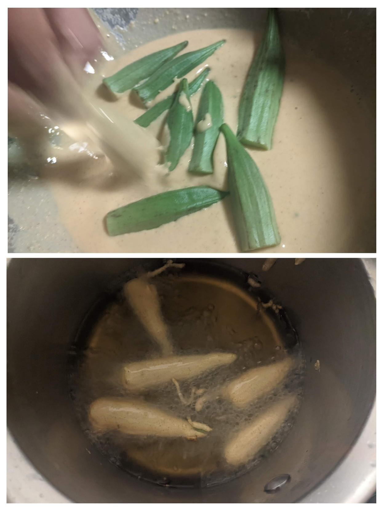 Okra in thin besan batter and 2nd pic of them frying in a pot of oil