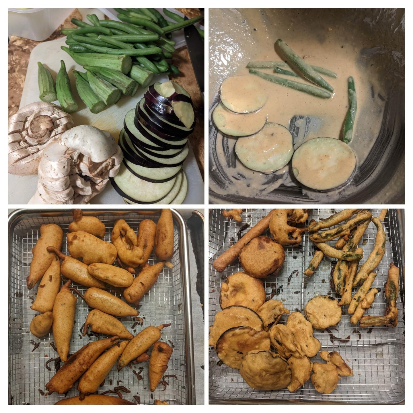 4 pics collage - okra, green beans, sliced mushrooms, cross thinly sliced eggplant on a cutting board
In batter and
2 pics of the fried bhajjis on a mesh tray