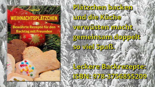 Bild mit dem Buch und dem Text "Gemeinsam Plätzchen backen, die Küche verwüsten und dabei über Klimapolitik schimpfen.  Leckere Backrezepte: ISBN 978-3756855209"