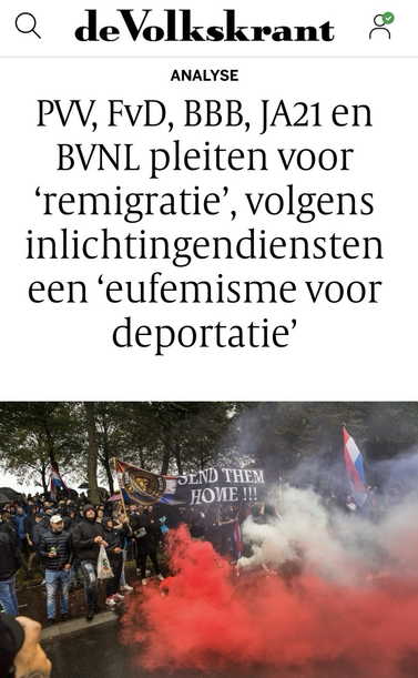 PVV, FVD, BBB, JA21 en BVNL pleiten voor 'remigratie', volgens inlichtingendienste neen 'eufemisme voor deportatie'