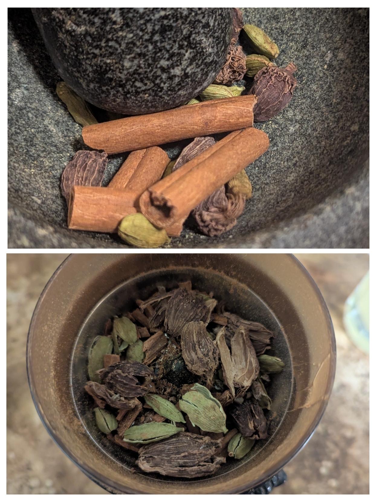 2 pics - cinnamon sticks, black and green cardamom pods in a stone mortar, and in a small electric grinder (in 2nd the cinnamon is in small pieces and cardamom pods are opened