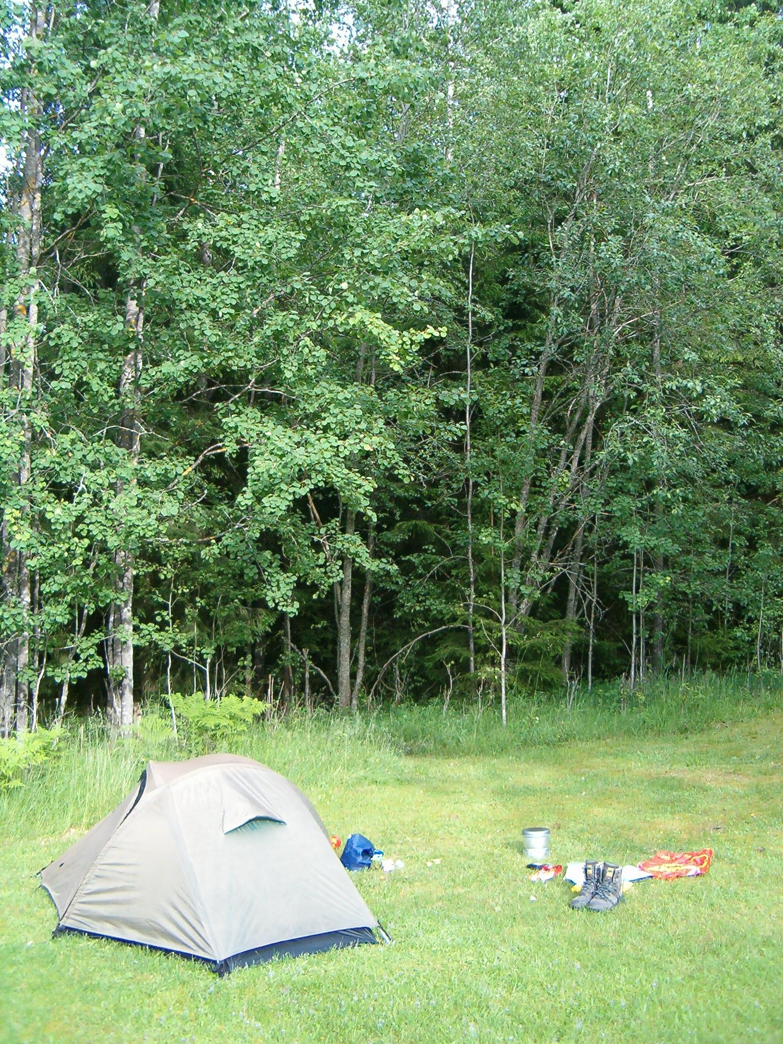 little brand tent in a forest high up in Sweden. Scariest I've ever been in a tent: early in the morning there was a LOT of sound around the tent. Slowly opening the zipper I looked up directly into the backend of a very large moose. It angrily stumbled off without stepping on me a couple min later.