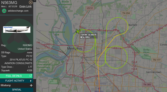 N563MG, a Pilatus PC-12 used by the State of Tennessee to conduct ISR, executes perfect GPS-aided surveillance circles over various parts of Memphis, Tennessee