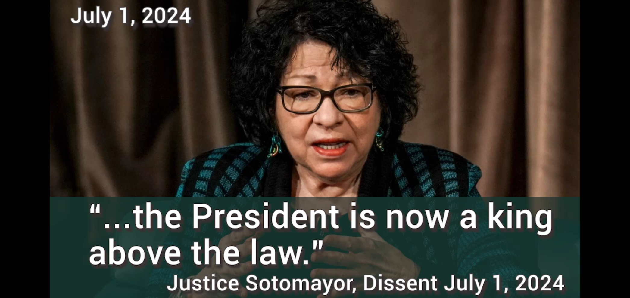 yTrump says that he could stand i'm Fifth Avenue and shoot people and not lose any voters and then there's a clip from Justice Sotomayor saying The President is now a king above the law. "then there is a scene from history of the World Part 1 king Louie the 14th shoots somebody and says it's good to be king