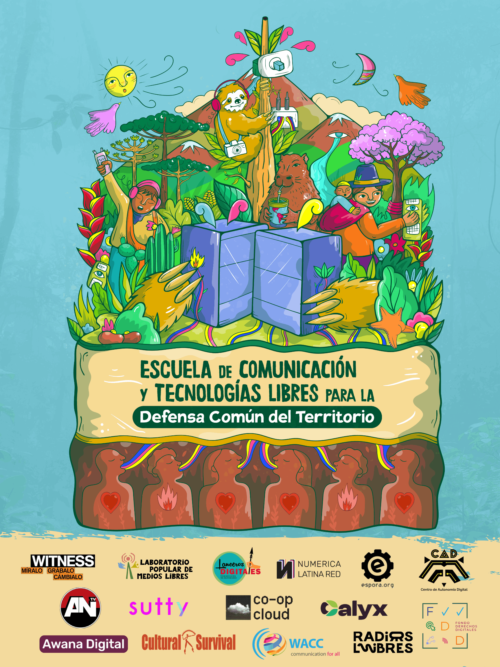 En esta vibrante ilustración, vemos a una madre cargando a su hijo en la espalda mientras un adulto joven está cerca, escuchando música. En el fondo, vemos elementos que representan la naturaleza, como montañas, árboles y animales, incluidos un <br />perezoso y un carpincho. En esta vibrante ilustración, vemos a una madre cargando a su hijo en la espalda mientras un adulto joven está cerca, escuchando música. En el fondo, vemos elementos que representan la naturaleza, como montañas, árboles y animales, incluidos un <br />perezoso y un carpincho.