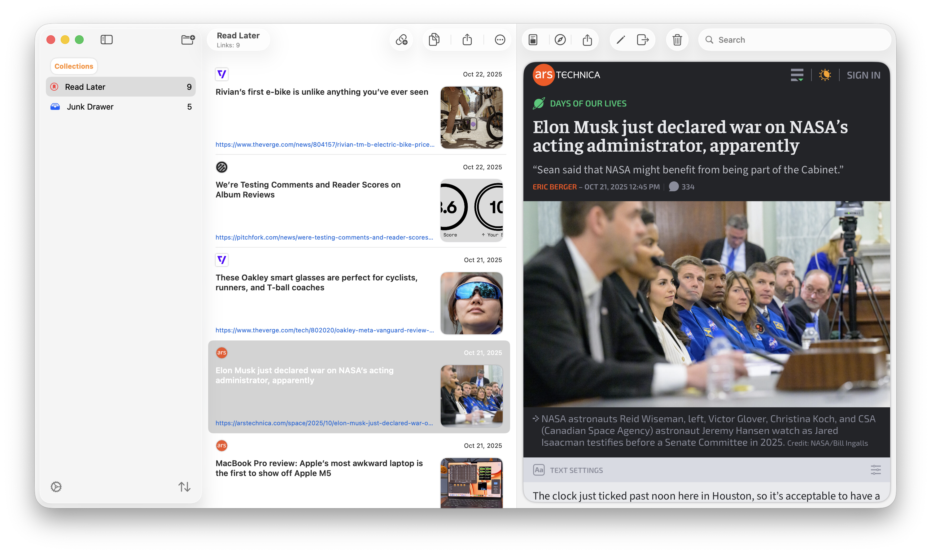 A screenshot of my app Bridges on macOS. It's got the second design of two images in this post. This one shows the app which is a three column app where the toolbar is a clear color in the middle column but hidden in the right column.  This design is more like other macOS Tahoe apps.