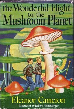 Cover of the book has two boys walking in giant mushrooms. 
Title The Wonderful Flight to the Mushroom Planet is a children's science fiction novel written by Eleanor Cameron, illustrated by Robert Henneberger, and published by Little, Brown in 1954. It is set in Pacific Grove, California, and on Basidium, a tiny habitable moon of Earth, invisible from the planet in its orbit 50,000 miles away. https://en.wikipedia.org/wiki/The_Wonderful_Flight_to_the_Mushroom_Planet
