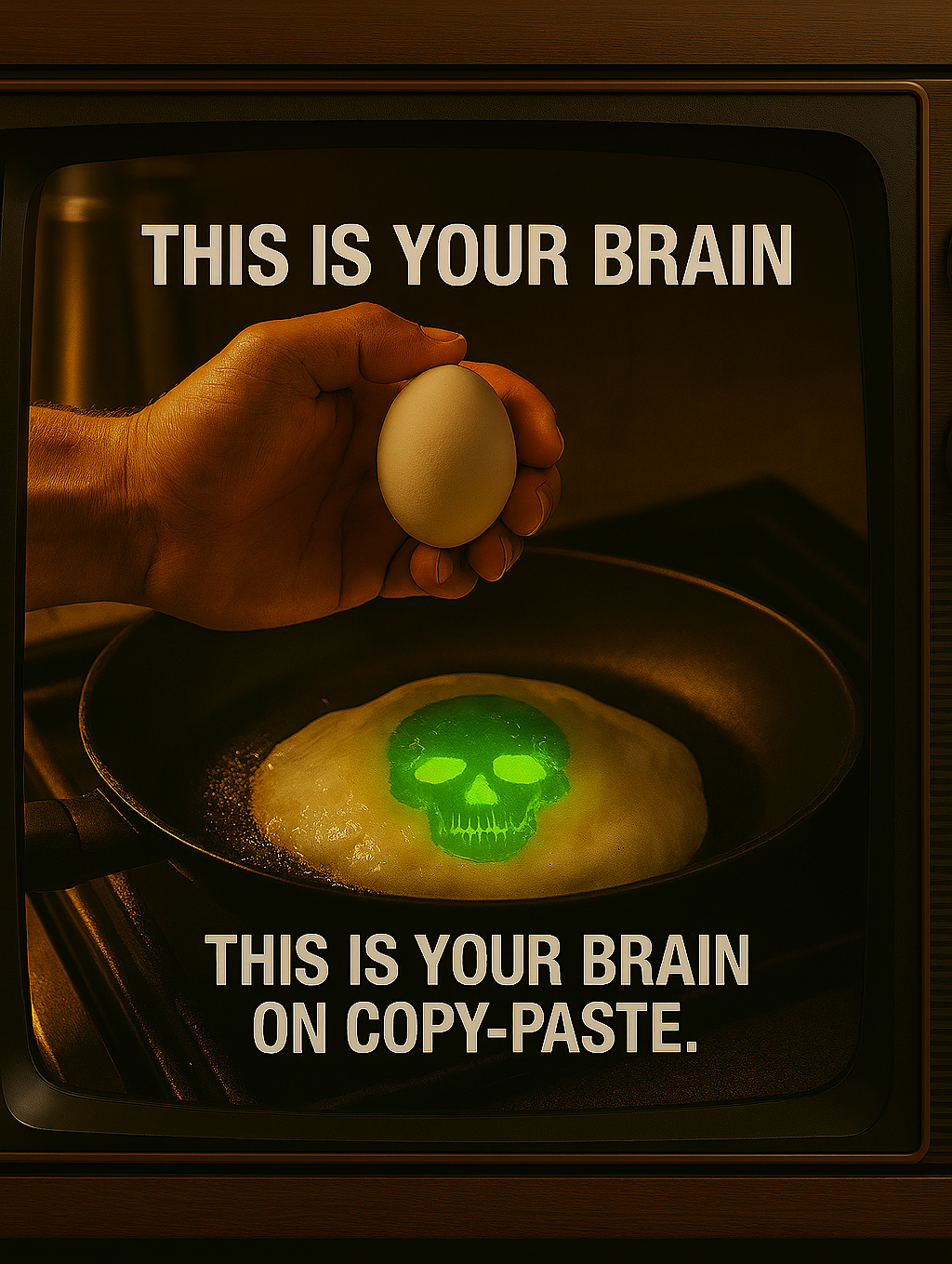 A satirical PSA-style image framed inside a vintage 1980s woodgrain CRT television. At the top, bold white text reads “THIS IS YOUR BRAIN” above a hand holding a whole, uncracked egg. Below, a frying pan on a stovetop contains a sunny-side-up egg with a glowing neon-green skull made of code fragments in place of the yolk. The skull has distinct eye sockets, nose cavity, and teeth, and its radioactive glow spills onto the egg white and pan. At the bottom, bold white text states “THIS IS YOUR BRAIN ON COPY-PASTE.” The warm kitchen lighting contrasts with the eerie green glow, blending retro PSA aesthetics with a computer-tech warning.