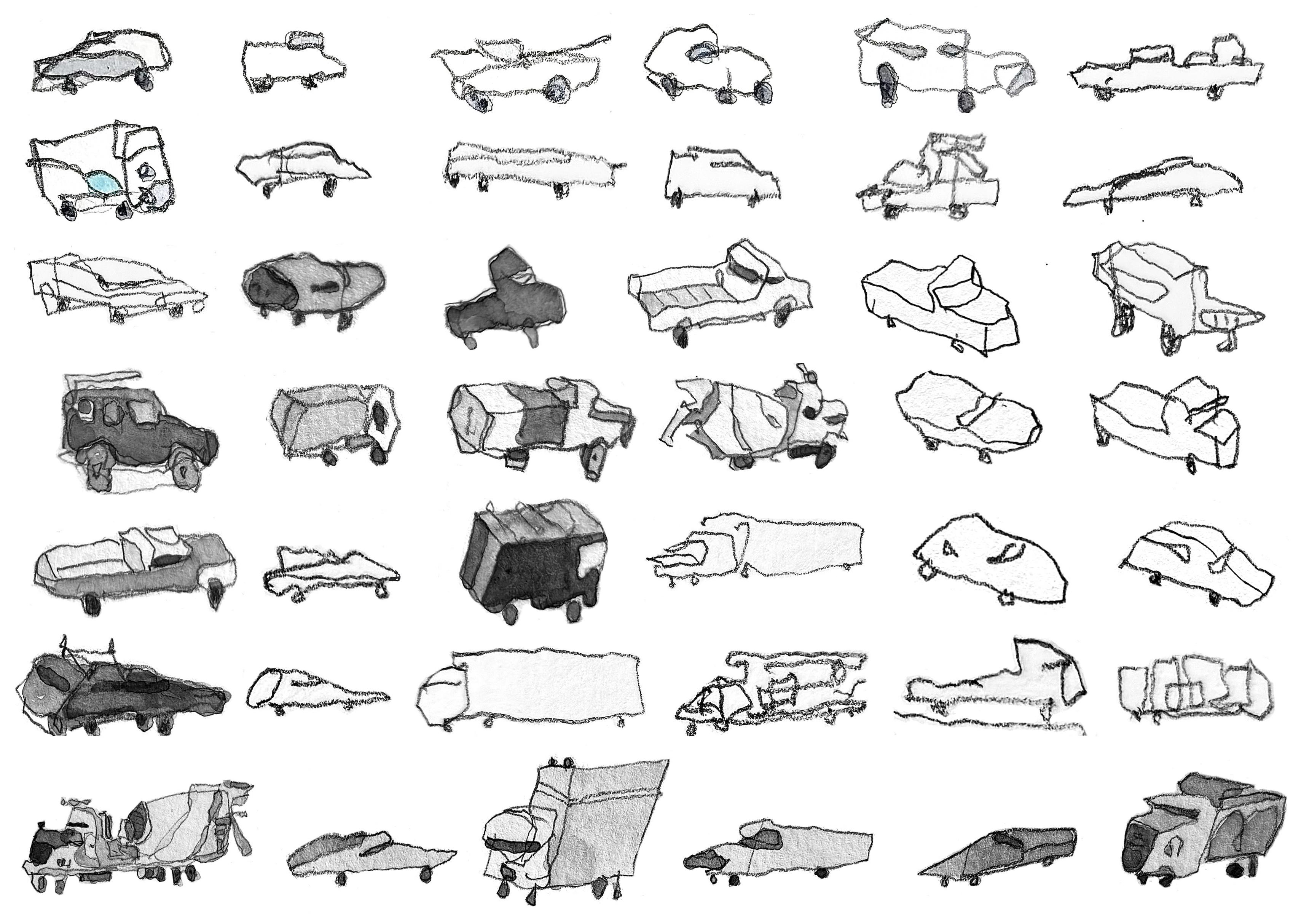 42 pencil-drawn vehicles arranged in 7 rows of 6, some shaded in grey.