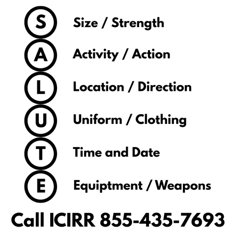 A mnemonic poster with the acronym S.A.L.U.T.E. representing Size/Strength, Activity/Action, Location/Direction, Uniform/Clothing, Time and Date, Equipment/Weapons, and a phone number: Call ICIRR 855-435-7693.