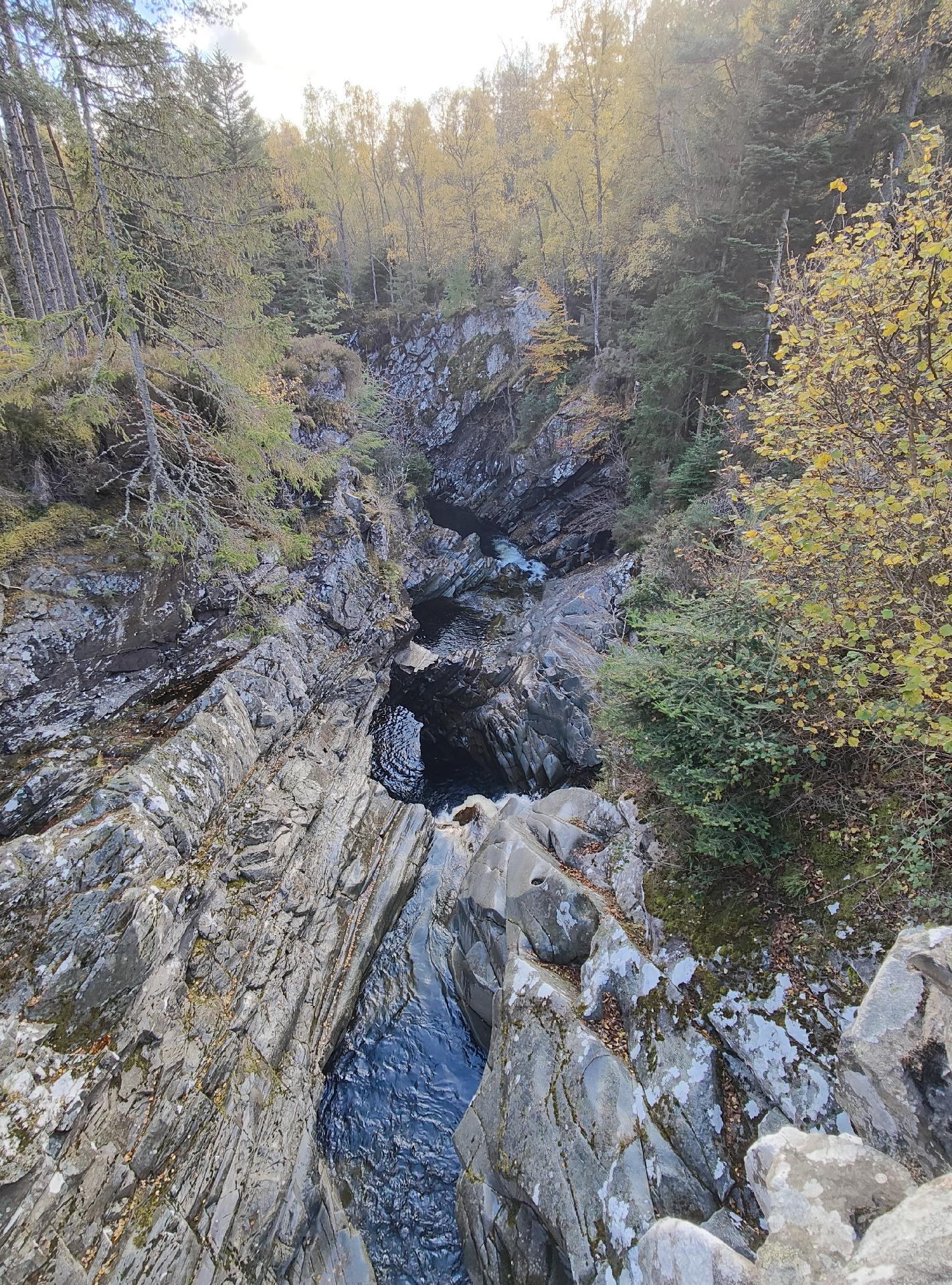 View down a rocky gorge. River dropping down falls. Autumn orange trees all around.