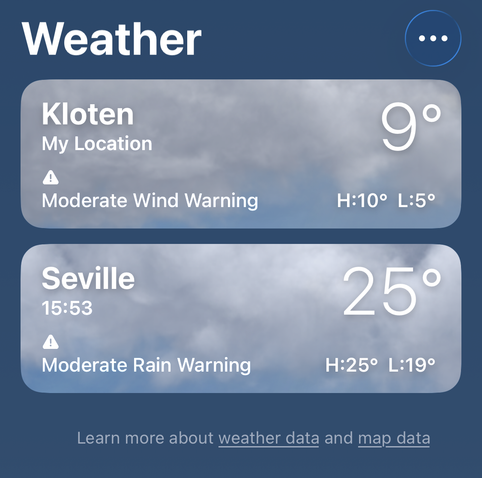 Screenshot of the iOS Weather app showing the locations of Kloten (where Zurich Airport is located, where the temperature is 9° C) and Sevilla (where the author of the toot is flying to, and where it's 25° C)