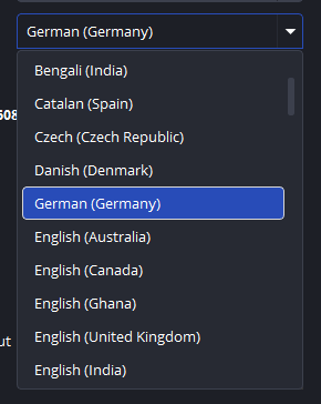 Screenshot zeigt ein Drop-Down-Menü, auf dem "German" zwischen "Danish" und "English" einsortiert ist.