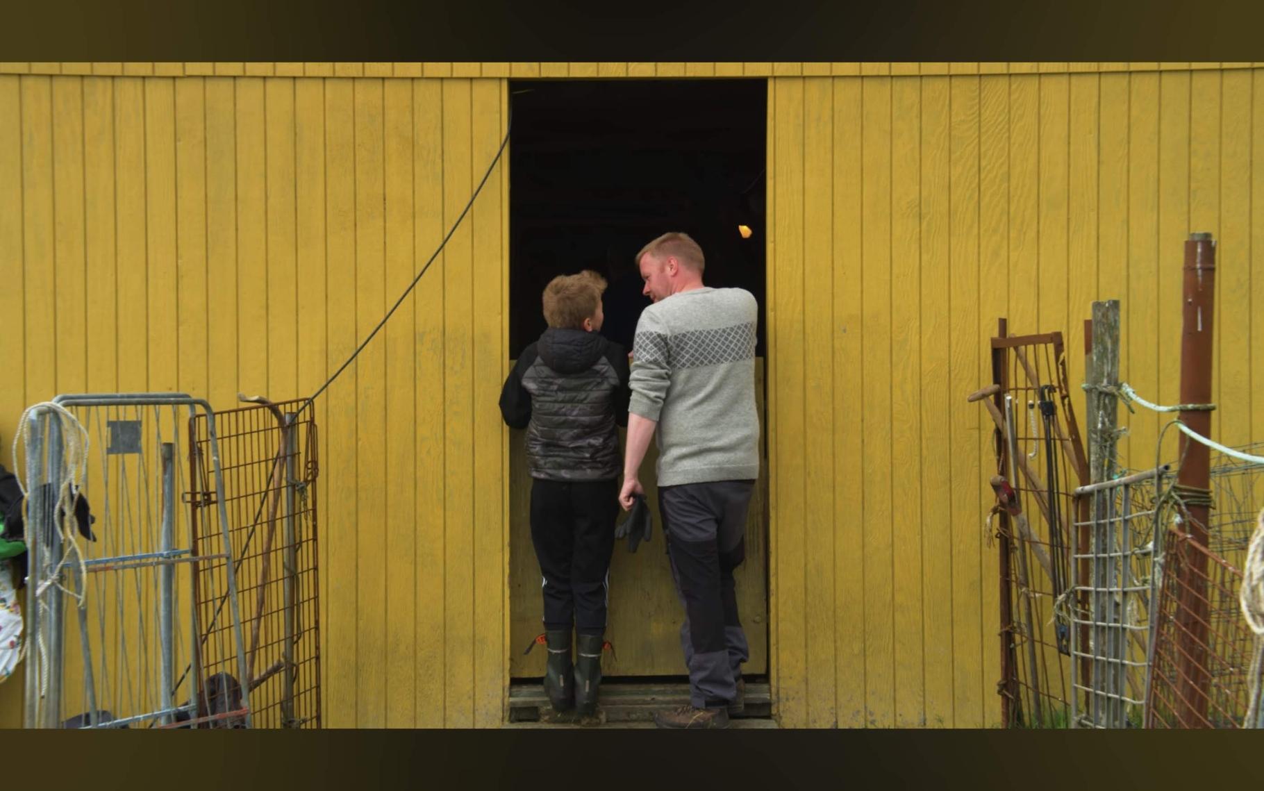 Two people viewed from the back, outsid3 the cheery yellow sheep barn