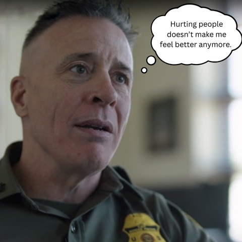 greogory bovino in a uniform with a customs and border patrol badge, looking thoughtfully sad, with a speech bubble above them reading, "Hurting people doesn’t make me feel better anymore."