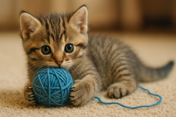 Suuuuuuuuuuuuupersüßes Kätzchen mit Wollknäuel. KI-generiertes #Katzenbild, damit ihr über was anderes #Kotzen könnt.