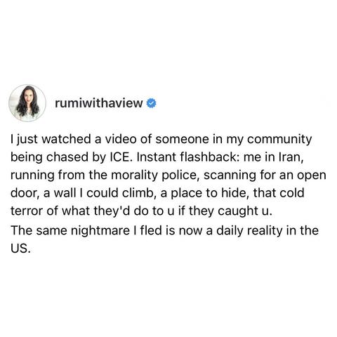 screenshot of a post by rumiwithaview: 

I just watched a video of someone in my community being chased by ICE. Instant flashback: me in Iran, running from the morality police, scanning for an open door, a wall I could climb, a place to hide, that cold terror of what they'd do to u if they caught u. 

The same nightmare I fled is now a daily reality in the US.