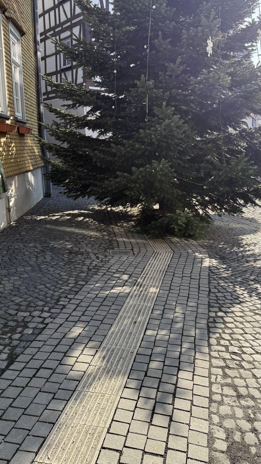 Das Bild zeigt eine Fußgängerzone mit taktilem Bodenleitsystem, an dem sich sehbehinderte Menschen orientieren können. Die Leitstreifen führen allerdings direkt in einen frisch aufgestellten riesigen Weihnachtsbaum.