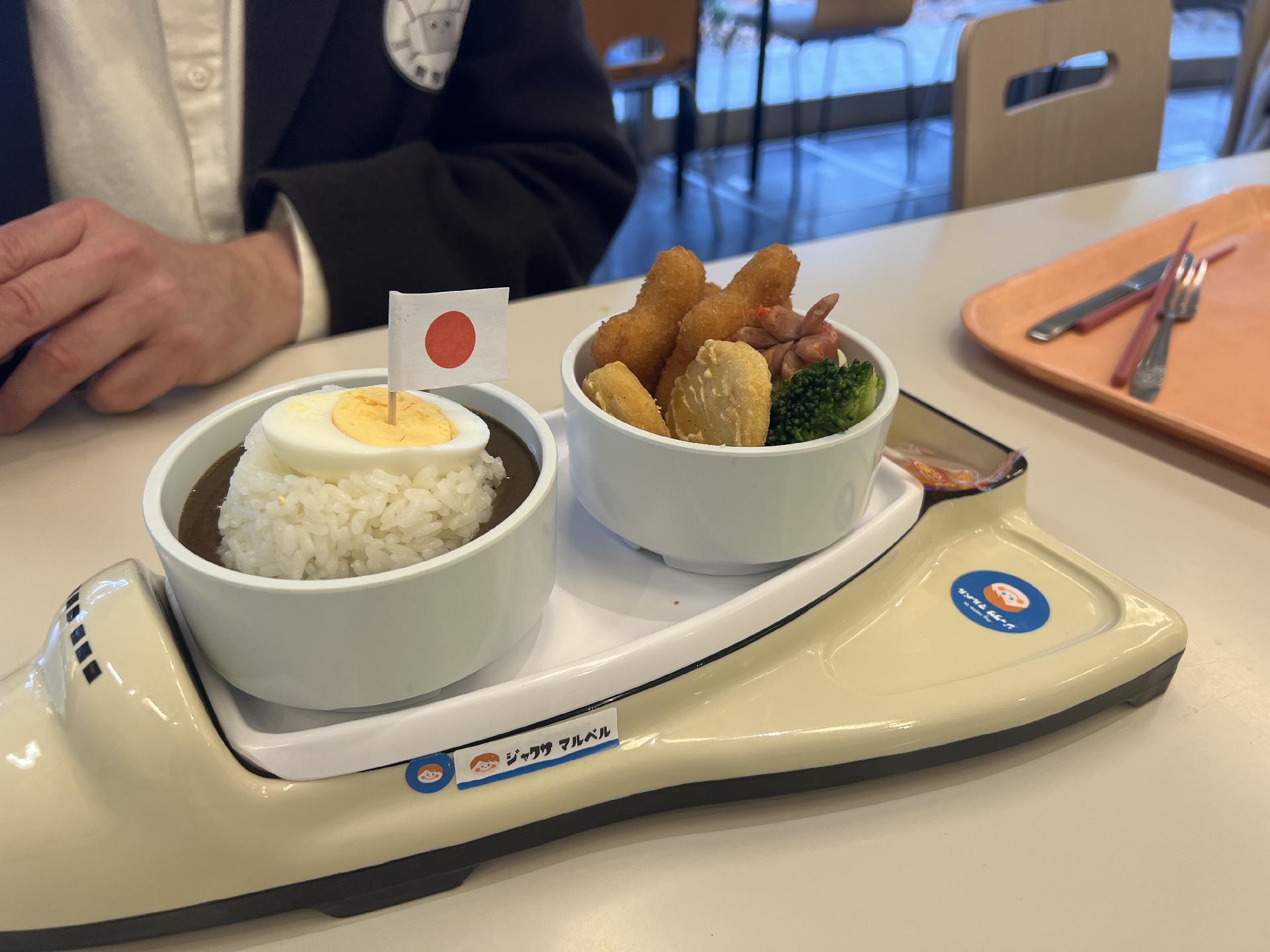 A photo of a tray shaped like the space shuttle with two bowls of food sitting on top.