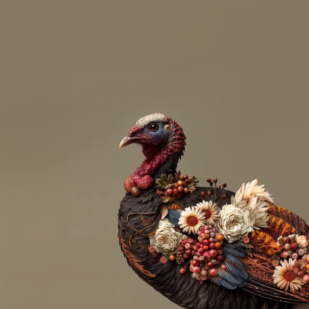 AI turkey adorned with flowers and berries dances as lyrics say: 

“gobble gobble, strut strut
shake your feathers, shake your butt,
turkey time’s here today,
so celebrate in every way.”