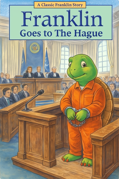 Mock book cover titled "Franklin Goes to The Hague," depicting a cartoon turtle in an orange prison jumpsuit and handcuffs standing in a courtroom with judges and lawyers in the background.