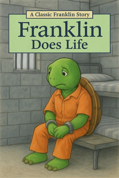 A mock book cover titled "Franklin Does Life," showing a cartoon turtle in an orange prison uniform and handcuffs sitting on a bench in a jail cell.