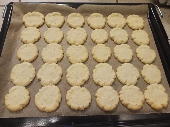 Weiße Schmalzplätzchen auf dem Blech 