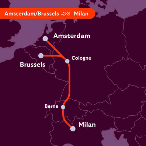 Map of Central Europe showing the connection between Brussels, Amsterdam, Cologne, Berne and Milan