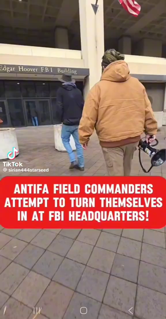 Two people approach FBI headquarters saying they are antifa (fictional construct of the current Presidential administration, inspired by the idea of Anti-Fascism) and want to turn themselves in, but the FBI is unable or unwilling to accept their “surrender.”