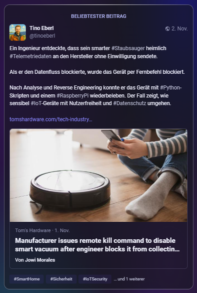 Ein Ingenieur entdeckte, dass sein smarter #Staubsauger heimlich #Telemetriedaten an den Hersteller ohne Einwilligung sendete.

Als er den Datenfluss blockierte, wurde das Gerät per Fernbefehl blockiert.