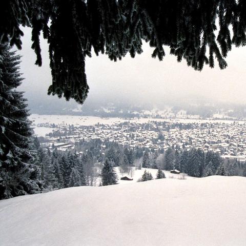 Winterliche Panoramaaufnahme mit Blick auf das verschneite Oberstdorf in einem Tal. Im Vordergrund liegt eine dicke Schneedecke, eingefasst von vereisten Nadelbäumen. Ein überhängender Ast rahmt das Bild oben. Unterhalb der Hügel stehen vereinzelt schneebedeckte Häuser und Bäume, während die Stadt weiter unten deutlich dichter bebaut ist. Im Hintergrund verschwimmt die Landschaft im Nebel, was die Szenerie ruhig und kalt wirken lässt.