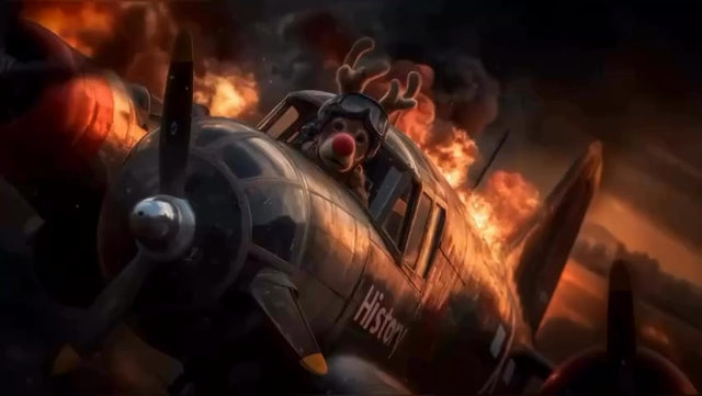 A World War Two era plane with its name “History” emblazoned on the side of the fuselage, piloted by a reindeer with a red nose, Rudolph, who is looking out from the opening of the front windshield, is aflame and starts to fall and tumble out of level flight as Dean Martin sings, “you’ll go down in history…”