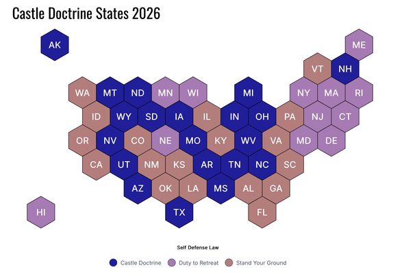 A 2026 U.S. map showing states color-coded by self-defense laws: dark blue for Castle Doctrine, light purple for Duty to Retreat, and peach for Stand Your Ground.