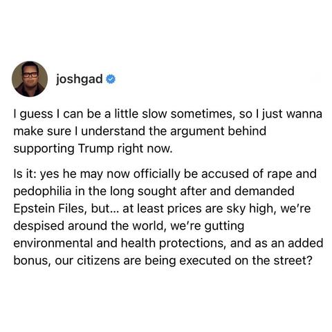 screenshot of a post by joshgad: 

I guess I can be a little slow sometimes, so I just wanna make sure I understand the argument behind supporting Trump right now. 

Is it: yes he may now officially be accused of rape and pedophilia in the long sought after and demanded Epstein Files, but... at least prices are sky high, we're despised around the world, we're gutting environmental and health protections, and as an added bonus, our citizens are being executed on the street?