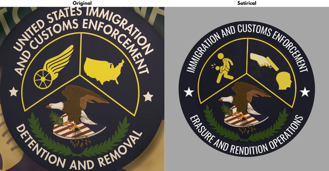 Two circular emblems side by side: the original United States Immigration and Customs Enforcement emblem on the left, featuring an eagle, a map of the U.S., and a winged symbol; the satirical version on the right replaces the symbols with a figure running carrying a stolen baby, a hand holding a gun pointed at a head profile silhouette, with the text "Immigration and Customs Enforcement, Erasure and Rendition Operations."