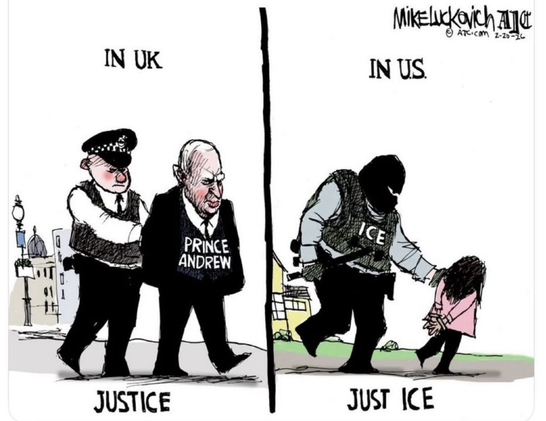 Left; UK. JUSTICE. Policeman arresting prince Andrew – right: US. JUST ICE, Hooded, masked ICE man grabs young child.