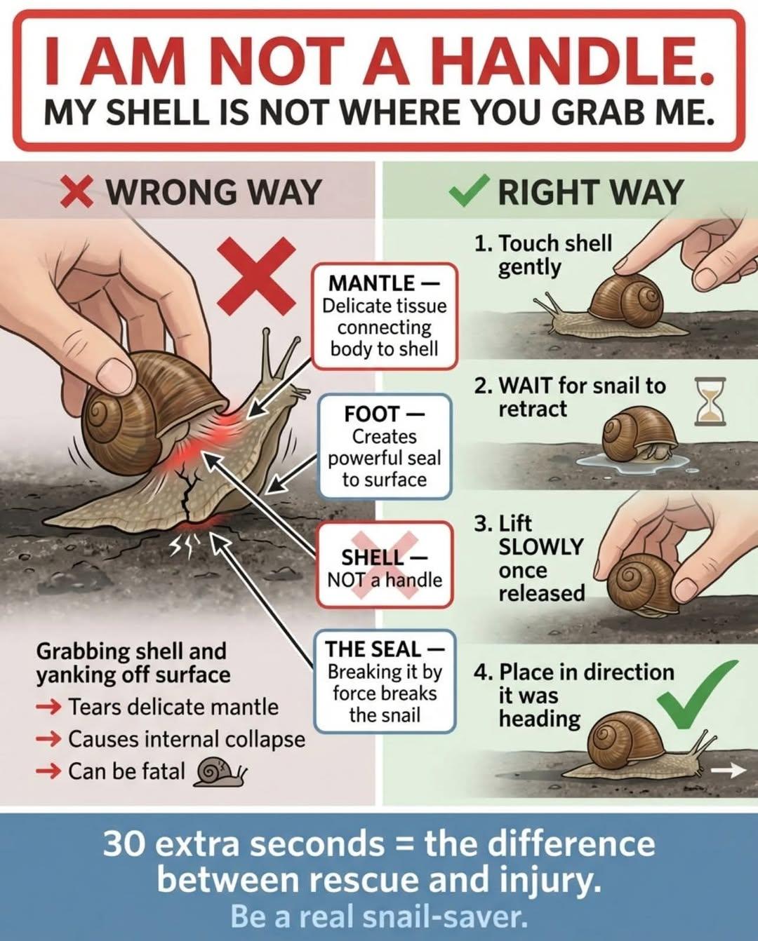 How not to do it:
Grabbing shell and yanking off surface (with illustration of a snail being picked up by a hand.
Right way on the right:
Touch shell gently
Wait for snail to retract
Lift slowly once released
Place in direction it was heading