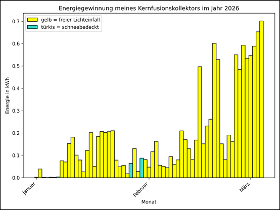 Die Grafik zeigt ab 01.01.2026 die tägliche Stromerzeugung als Balkendiagramm.