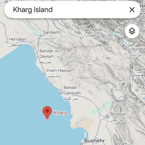 Topographical map showing Kharg Island off the coast of Iran revealing flat coastal areas in Iran and mountains only a little inland. 