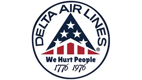 circular logo parodying Delta Air Lines’s bicentennial logo, featuring the text "DELTA AIR LINES We Hurt People" and the dates "1776 1976" around a stylized American flag Delta-like triangle